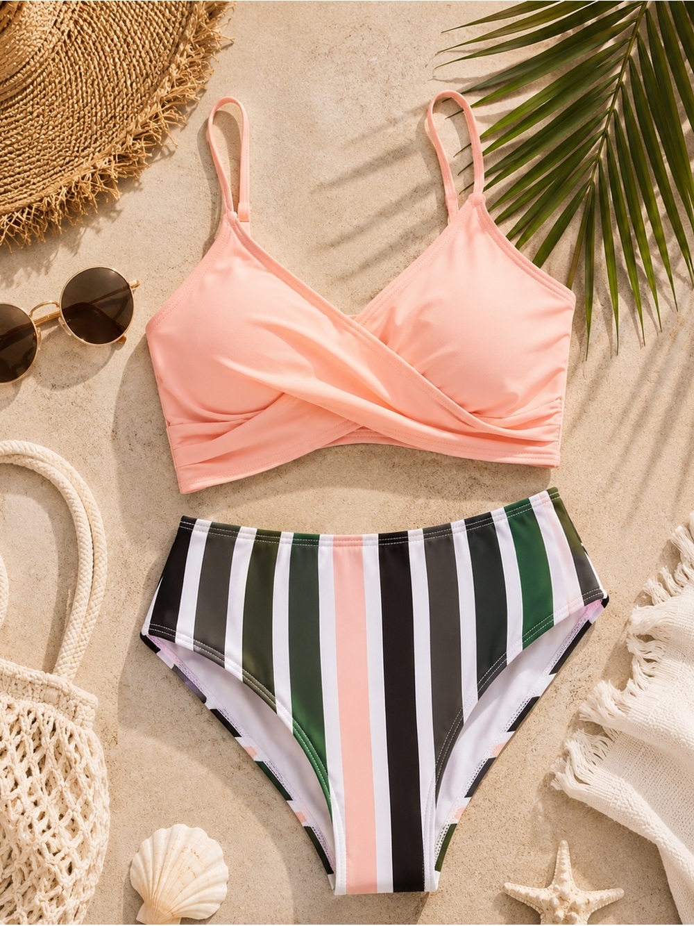 Popvil Blush Pink & Striped High-Waisted Bikini Set L Swimwear NWT